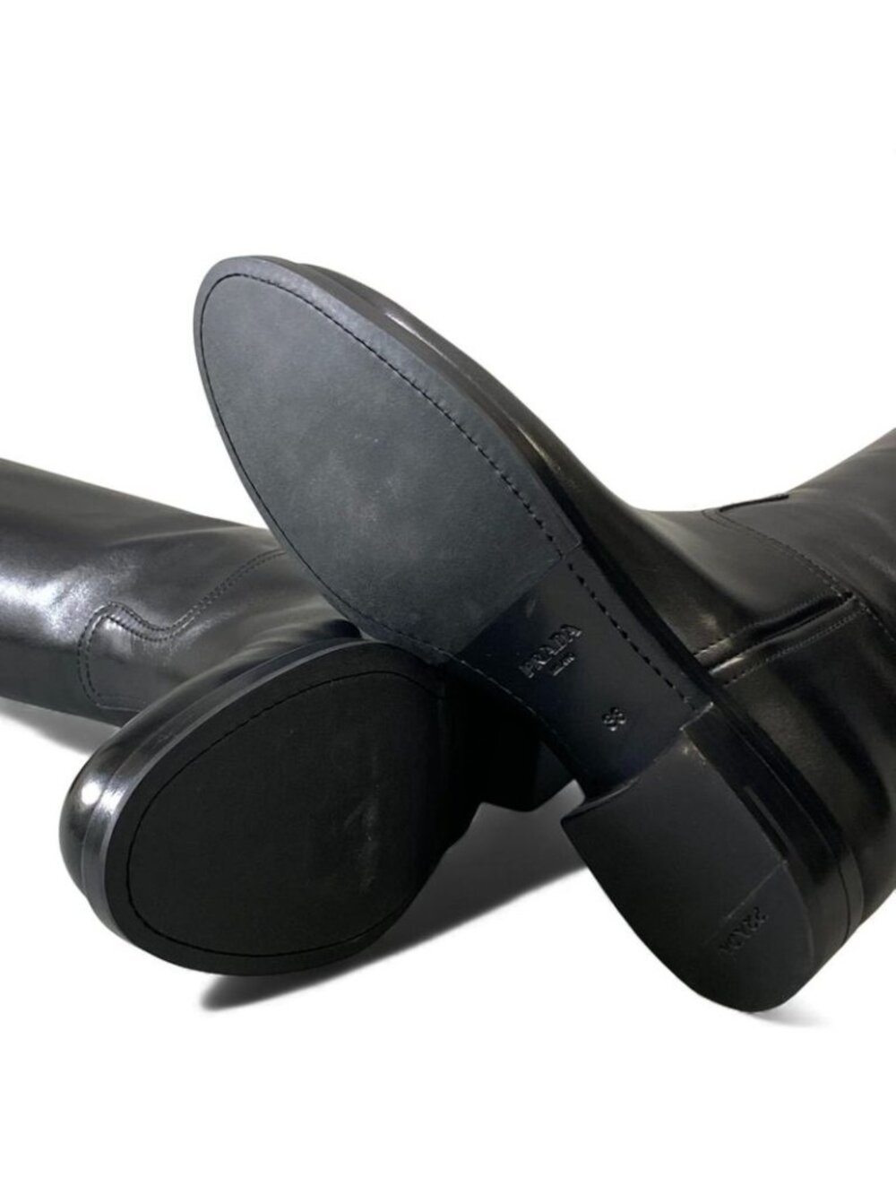 Prada Embossed Logo Long Boots with Buckle Strap 38 Black Leather Shoes Middle - Picture 7 of 11